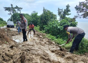 Polsek Limau dan Warga Gotong Royong Bersihkan Longsor 10 Meter di Pekon Tegineneng