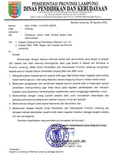Disdikbud Lampung Keluarkan Larangan Siswa Ikut Demonstrasi, Memicu Kontroversi