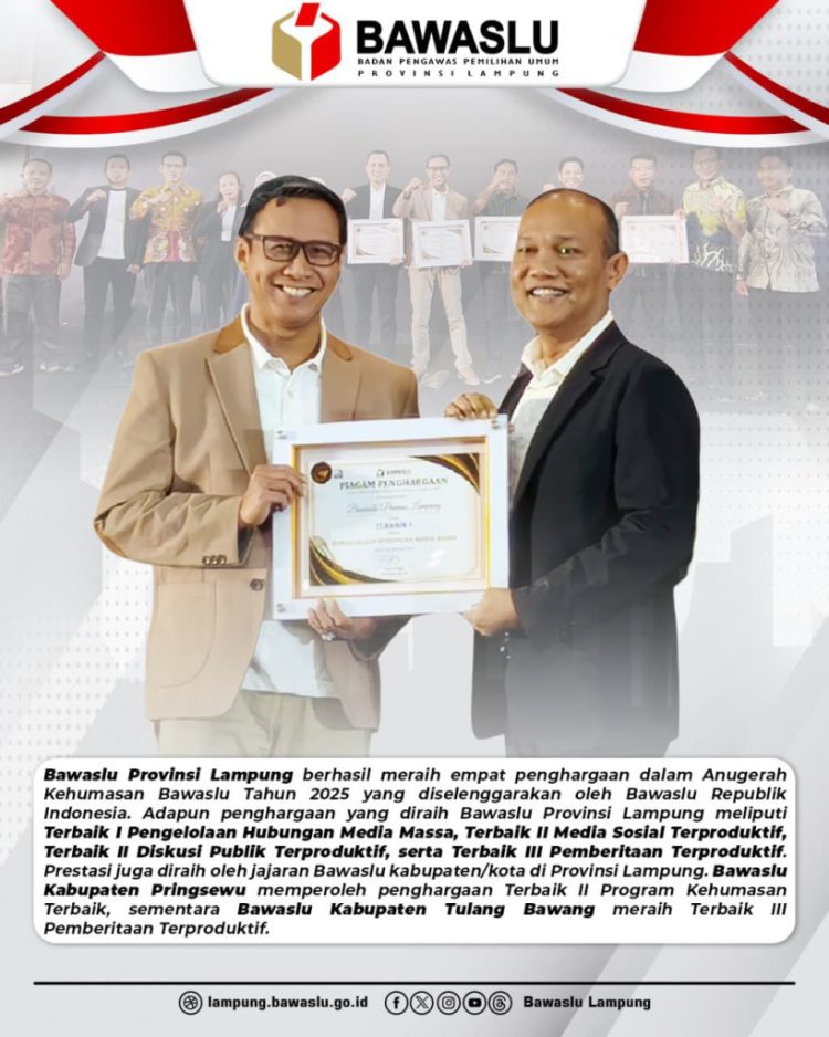 Bawaslu Lampung Raih Empat Penghargaan Anugerah Kehumasan 2025