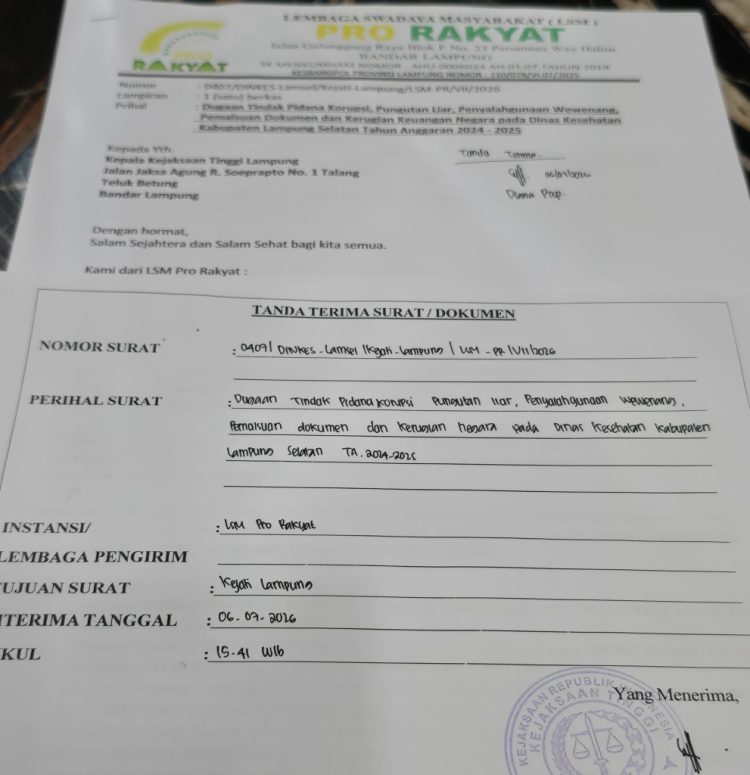 Dugaan Penyimpangan Dinkes Lampung Selatan Dilaporkan ke Kejati, Kepala Dinas Diminta Diperiksa