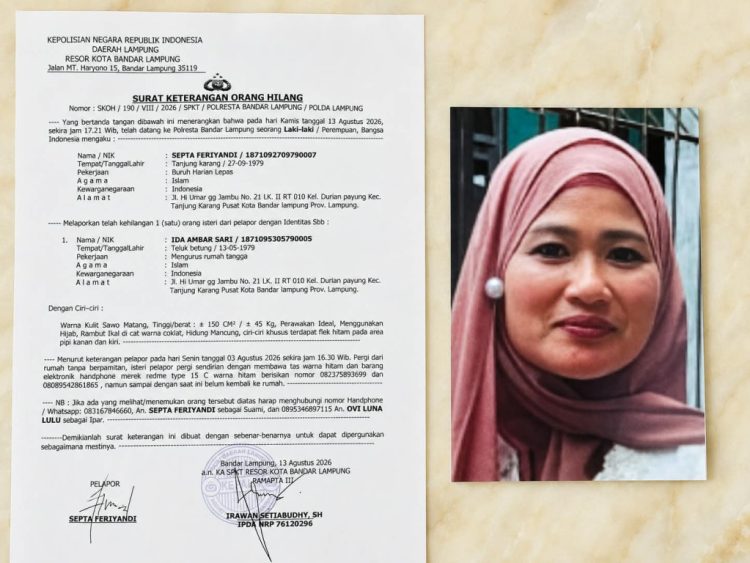 Sudah 10 Hari Tak Diketahui, Ida Ambar Sari Dilaporkan Hilang ke Polresta Bandar Lampung